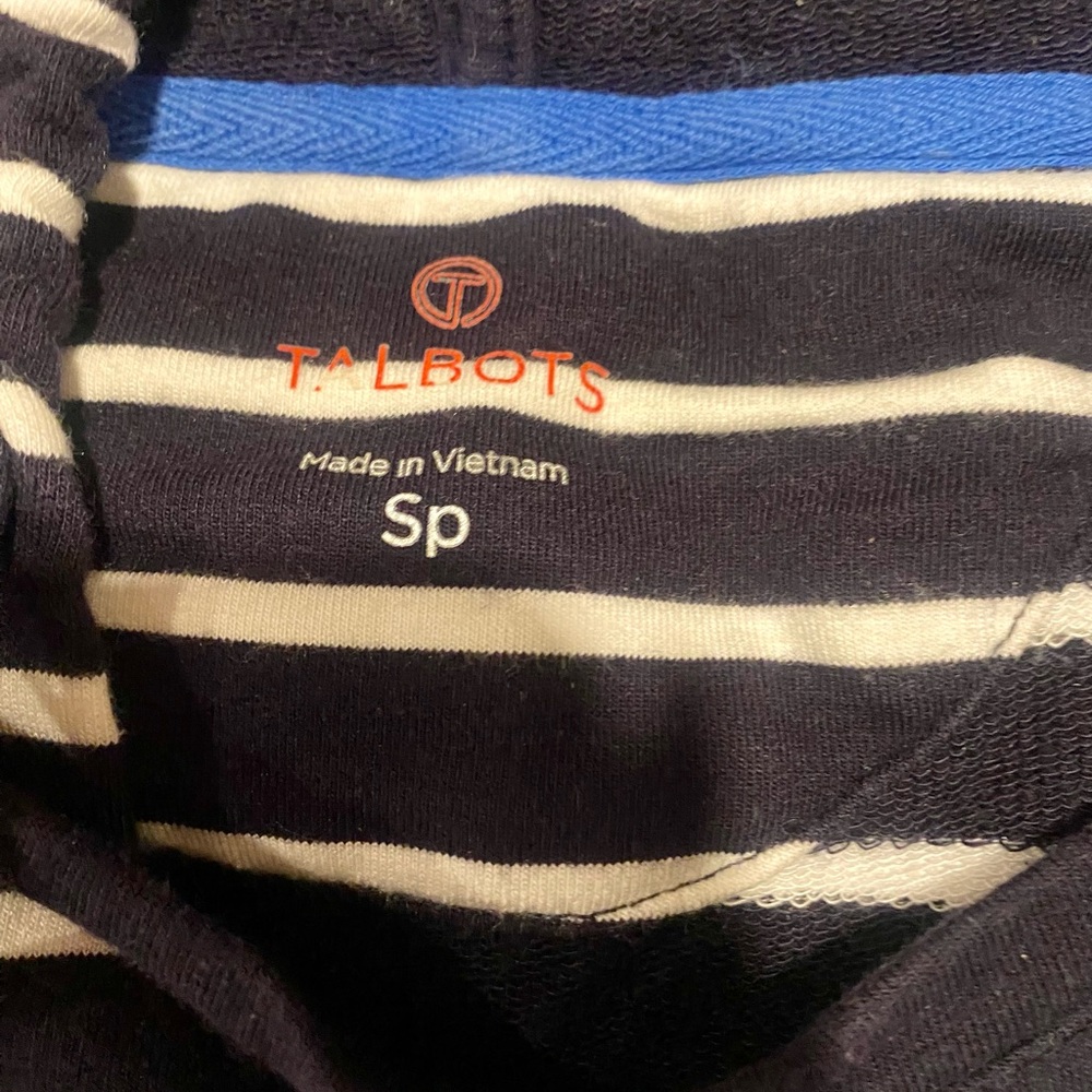 Talbots Navy and White Striped Top with Pockets‎ and Hoodie - Picture 2 of 6